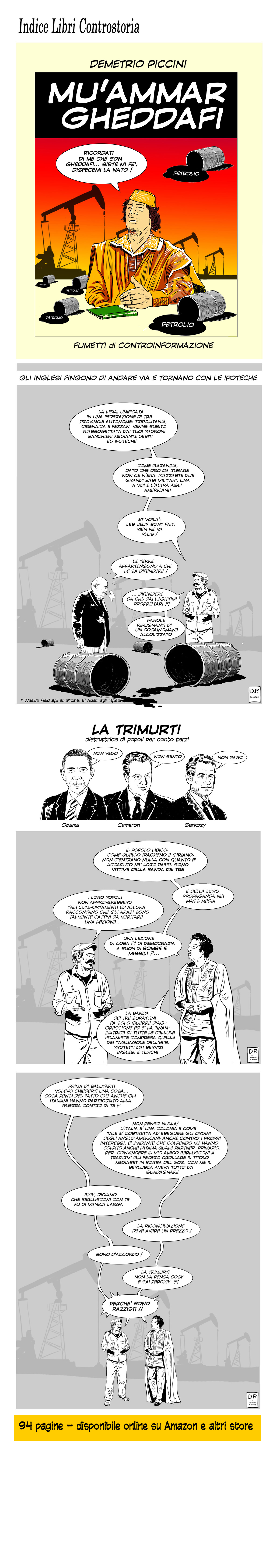 Mu'ammar Gheddafi: copertina e tavole del fumetto di controinformazione di Demetrio Piccini