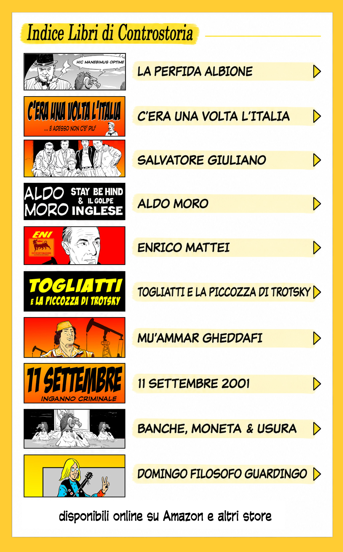 Indice illustrato dei libri di controstoria di Demetrio Piccini: dieci titoli, con immagini delle opere e frecce per aprire le schede