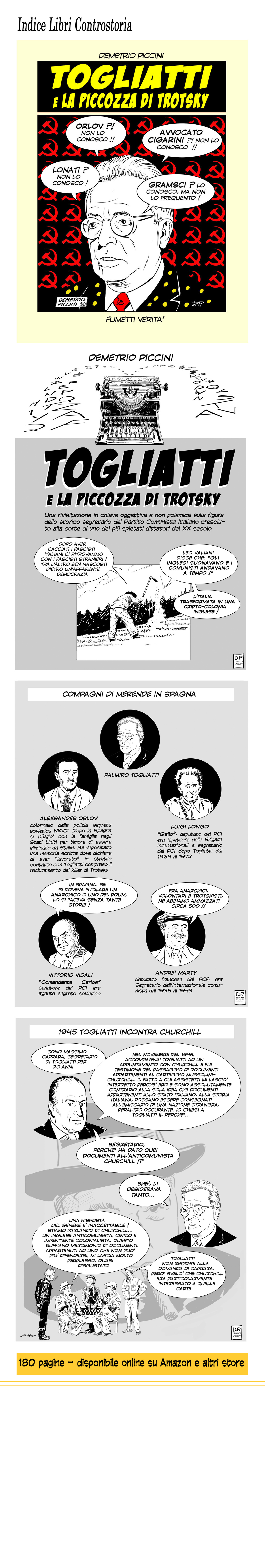 Togliatti e la piccozza di Trotsky: copertina e tavole del fumetto di Demetrio Piccini